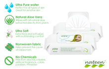 Load image into Gallery viewer, Nateen Baby wet wipes 99% water, extremely soft, thick wipes ideal for sensitive skin, aloe vera biodegradable compostable
